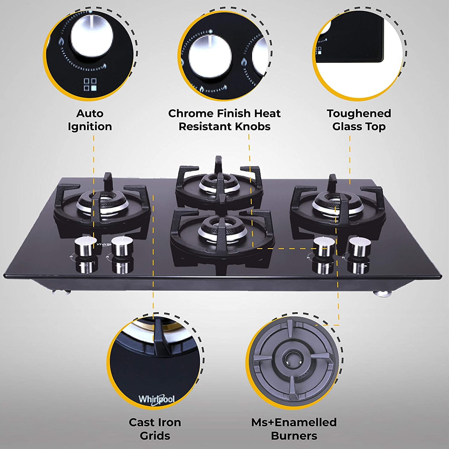 Whirlpool Hob 4 Burner Auto Ignition Gas Stove (Elite Hybrid 704 Mt Ec Gas Hob), Tempered Glass